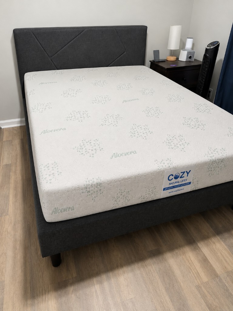 CozyFoam Natural Latex mattress in a customer bedroom with grey upholstered bed frame